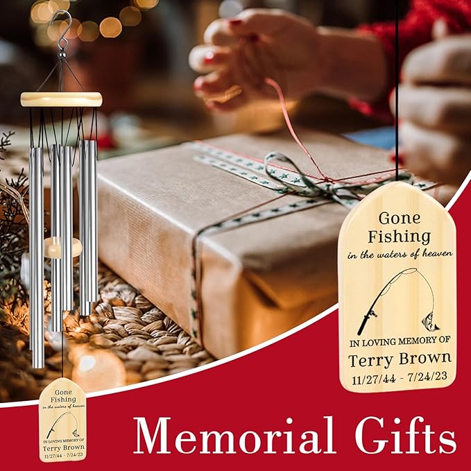 Personalized Gone Fishing Memorial Wind Chime, Heavenly Sympathy Gift for Grandpa Dad