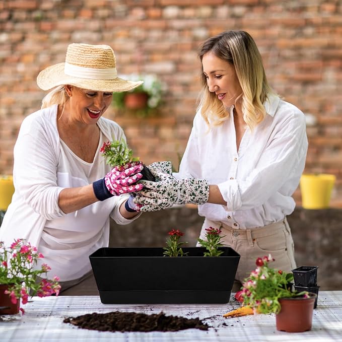 Lainrrew 3 Pack Window Box Planters, 12 Inches Rectangular Planter Plastic Flower Box Plant Pots Plant Containers with Tray for Balcony, Windowsill, Garden, Home Office Outdoor Decoration (Black)