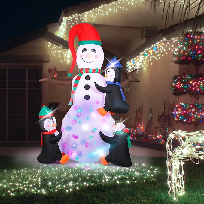 7FT Christmas Inflatable Snowman with 3 Penguins & Multi-Color LED Lights, Blow Up Outdoor Yard Decoration, Animated Winter Holiday Decor for Garden, Lawn, Xmas Party