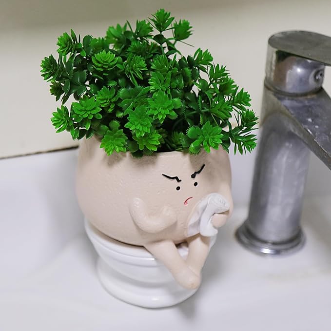 Cute Face Self Watering Planter Pot with Drainage Hole Funny Toilet Plant Pot for Indoor Outdoor Unique Head Planters for Bathroom Gift Ideas for Mother, Christmas