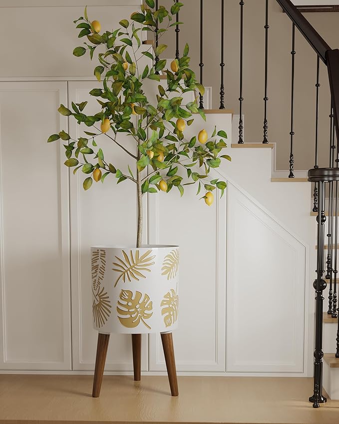 12 Inch Planter for Indoor Plant, Plant Pot with Stand Plants with Stand, Large Planters for Indoor Plants,Flower Pot with Drainage Holes for Outdoor,White and Gold