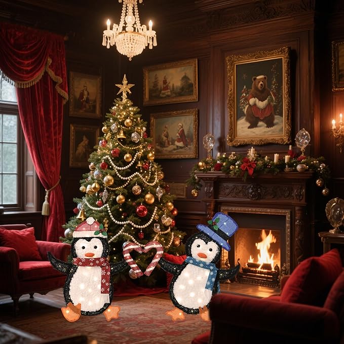 32" H Penguin Lights Outdoor Christmas Decorations, 2D Pre-lit Cute Holiday Lawn Lights Decors, Flat Xmas Yard Decor, 80 Warm White LEDs, Perfect for Garden, Driveway, Porch, 2-Piece Set