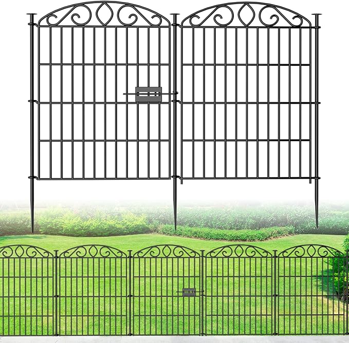 No Dig Decorative Garden Fence 6 Panel with Gate - 30in H x 11.8ft L, Tall Animal Barrier for Dogs Rabbits, Rustproof Metal Wire Panels for Yard, Patio, and Outdoor Border Use
