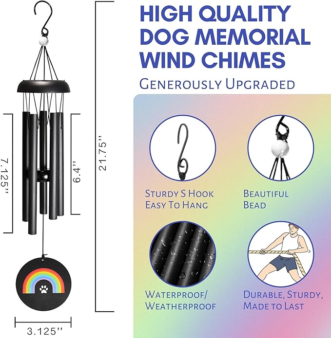 Rainbow Bridge Dog Memorial Gifts – Pet Memorial Wind Chimes, Loss of Dog Sympathy Gift - Black 22"