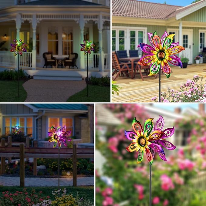 Solar Wind Spinner, 60.6 Inch Outdoor Metal Stake Yard Spinners, Sunflower Garden Outdoor Decor Yard Lawn Art Decor for Patio Kinetic Windmills Unique Gifts for Friends and Family