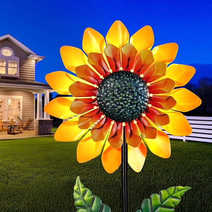 Sunflower Solar Wind Spinners for Yard and Garden - 52" Metal Windmill Ligths with LED Wind Sculptures with Stake for Lawn Patio Decor