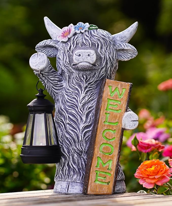 Nacome Highland Cow Garden Statue for Decor: Outdoor Sculpture with Solar Lantern and Welcome Sign for Outside Ornament Yard Art Lawn Porch Patio Balcony - Birthday Gifts for Women Mom(Gray)