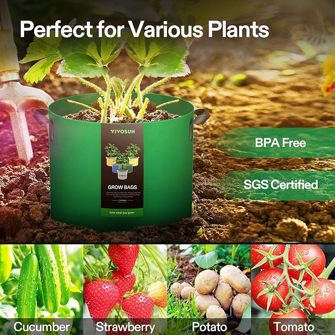 VIVOSUN 5-Pack 10-Gallon Colored Grow Bags, 350G Thick nonwoven Fabric Pots with Handles for Flowers, Fruits and Vegetables