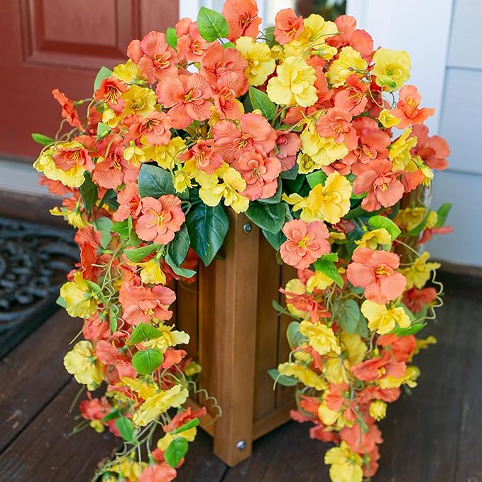 Artificial Hibiscus Fake Hanging Flowers Plants for Outdoors Fall Autumn Decoration, 4pcs Silk Hibiscus Trailing Vines UV Resistant Realistic Faux Flowers for Outside Front Door Porch Yard Indoor, Mix