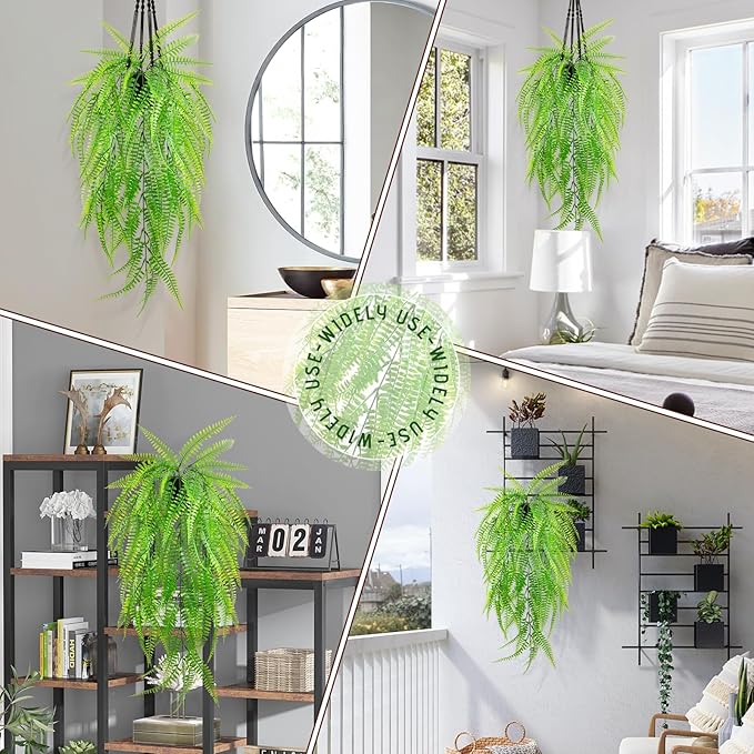 Small Artificial Hanging Plant for Shelf Fake Plant Potted Boston Ferns Faux Trailing Leaves Plant for Indoor Outdoor Aesthetic Office Living Room Shelf Decor (Black Pot)