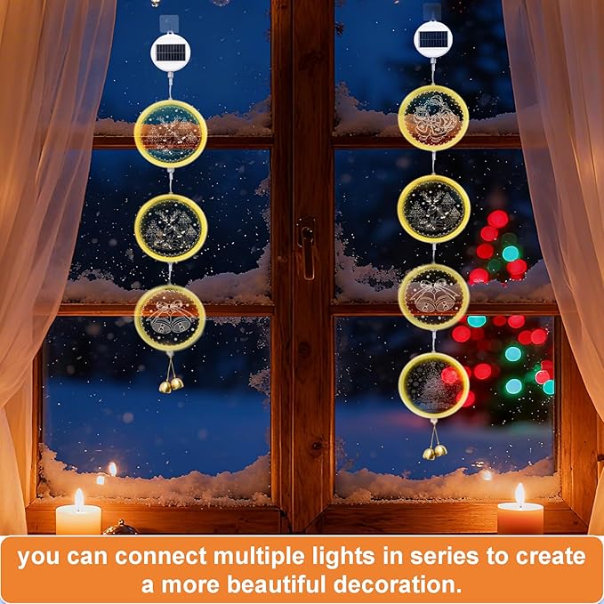 Solar Hanging Lights - Outdoor Indoor Christmas Decorations for Window, Garden, Patio, Porch,Holiday Home Decor, (Jingle Bell)