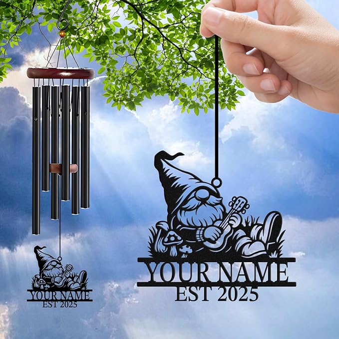 Personalized Customize Name Gnome Wind Chime, Metal Iron 37 Inch Outdoor Memorial Gift for Garden Yard Patio Home Decor, Black,Christmas (Style B)