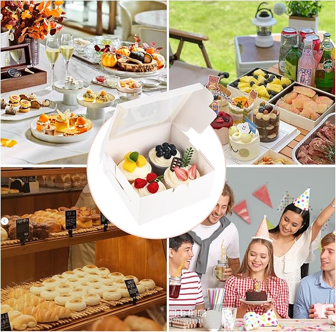 30 Pcs Bakery Boxes with Window, 6x6x3 Inches Cookie Boxes, White Paperboard Treat Boxes for for Pastries, Cookies, Strawberries, Macarons, Desserts, Cupcakes with paper stickers