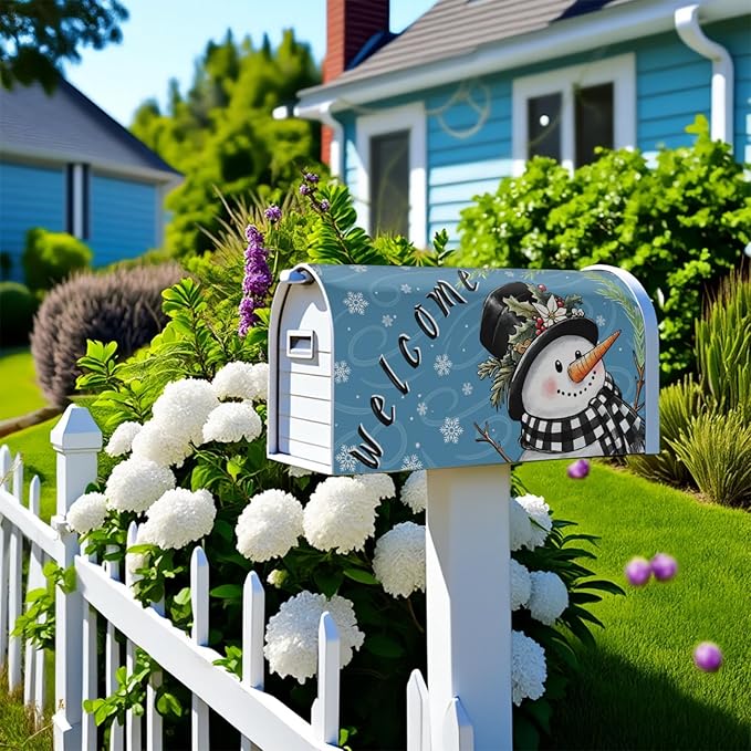 Winter Large Mailbox Covers Magnetic Oversized Welcome Christmas Snowman Buffalo Plaid Blue Mailbox Wraps Seasonal Outdoor Decorative Letter Box Cases for Home Garden Outside Decor, 25.5x21 Inch