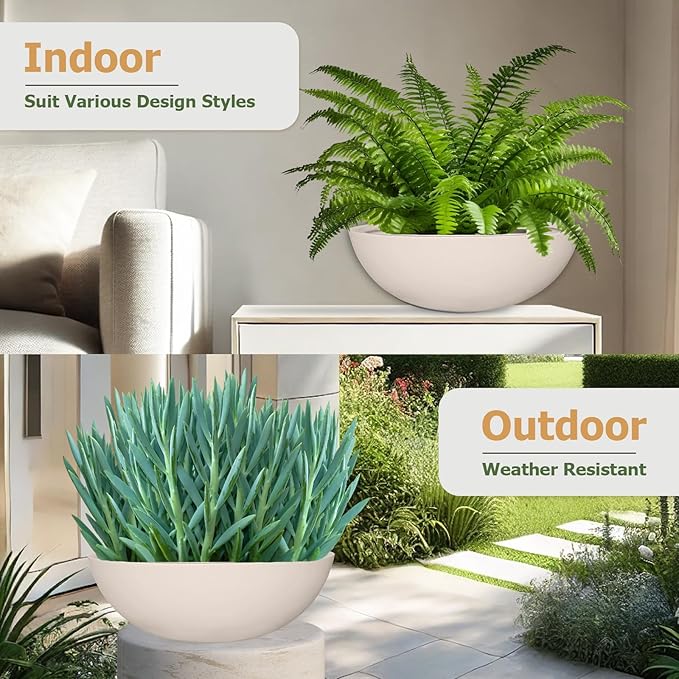 7.7" H x 22" D Round Bowl Fiberstone Planter for Succulent and Lotus - Christmas Tree Planter, Weather Resistant for Indoor & Outdoor Use, 2 Extra Coco Mats (Kilim Beige, 19.9" Pot Opening)