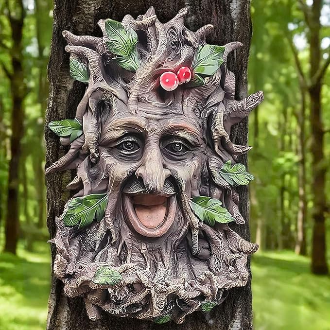 12" Real Tree Face Hugger Statue, Outdoor Garden Resin Bird Feeder Sculpture with Foliage Features, Fairy Elve Accent Yard Art, Halloween Trees Decorations Outdoor Wall Mounted Statue