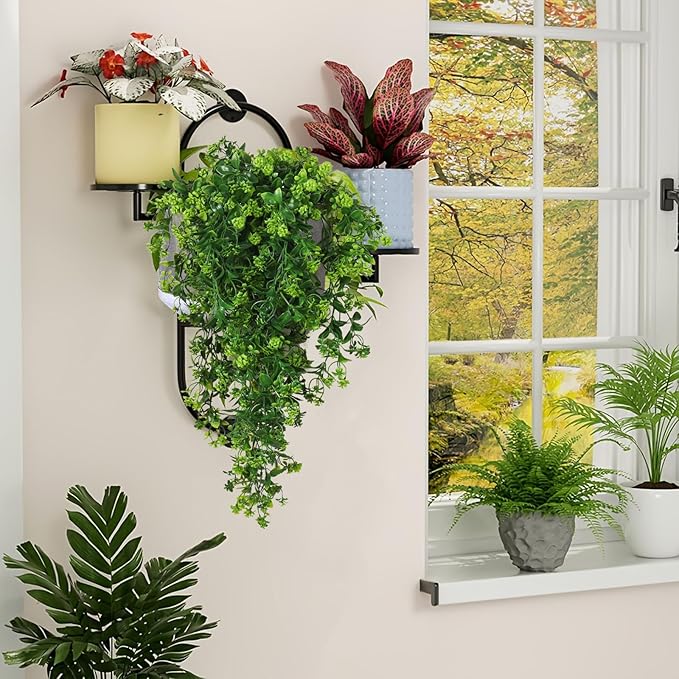 SJL Fake Hanging Plants 3pcs Hanging Plants with Flowers Artificial Greenery Faux Ivy Vine Leaves UV Resistant Plastic Plant Faux Greenery Vine Plant for Wall Home Indoor Outdoor Decor (Green)