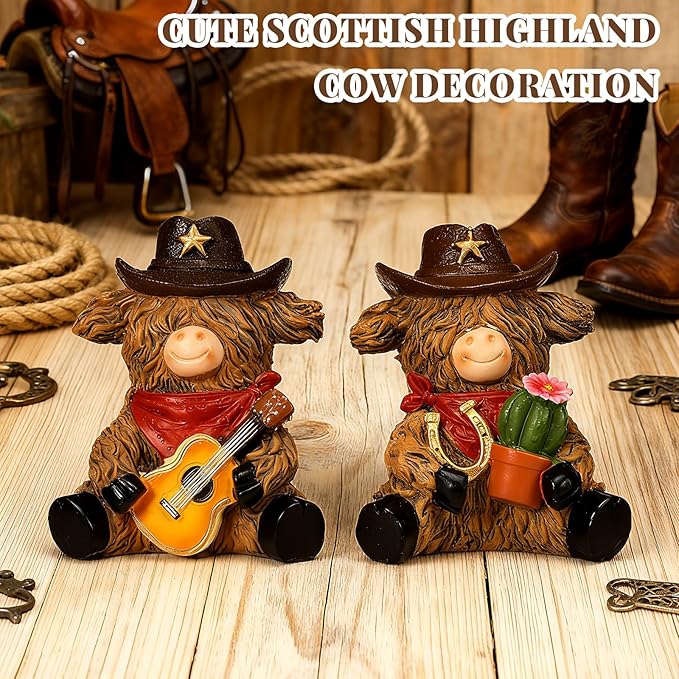 2 Pcs Highland Cow Figurines Decor Cowboy Gnomes with Western Cowboy Hat Resin Statue Calf Lovers Gifts for Farmhouse Home Garden Bathroom Kitchen Office Tiered Tray Table Decor