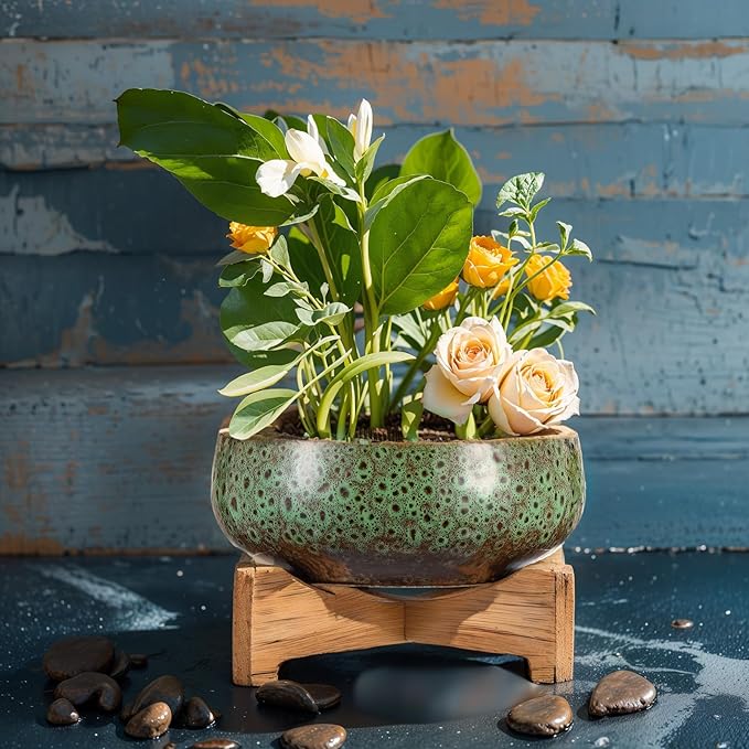 Baderke 2 Pcs Lotus Bowl Planter with Base Ceramic Hydroponic Planter Water Lily Bowl for Planting Aquatic and Indoor Plants Household Ceramic Basin Decor (Green)