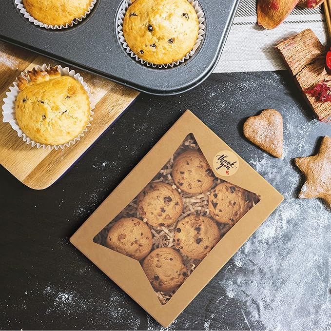 Eupako Cookie-Boxes-with-Window-8x6x2.5-Inhces-25pcs-Auto-Popup-Brown-Treat-Boxes for Bakery, Donuts, Candy, Pastry, Cupcakes, Biscuits, Chocolate Strawberries
