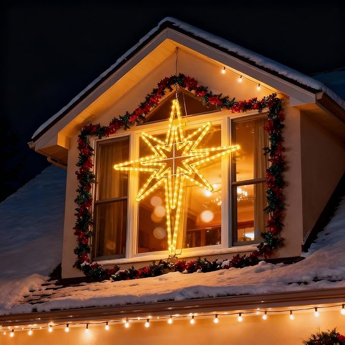 Outdoor Christmas Star of Bethlehem Large LED Star Window Plug Operated Lighted for Xmas Wall Window Indoor Outside Home Street Store Holiday Decorations(43'',Warm Light)