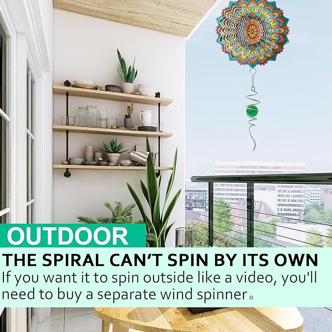 Wind Spinner Tail with Green Glass Orb,Gazing Ball Spiral Tail,Wind Spinners Stabilizer,Visual Illusion in Spinning Hanging Rotating Art Decor,Indoor Outdoor Garden Decoration-13in