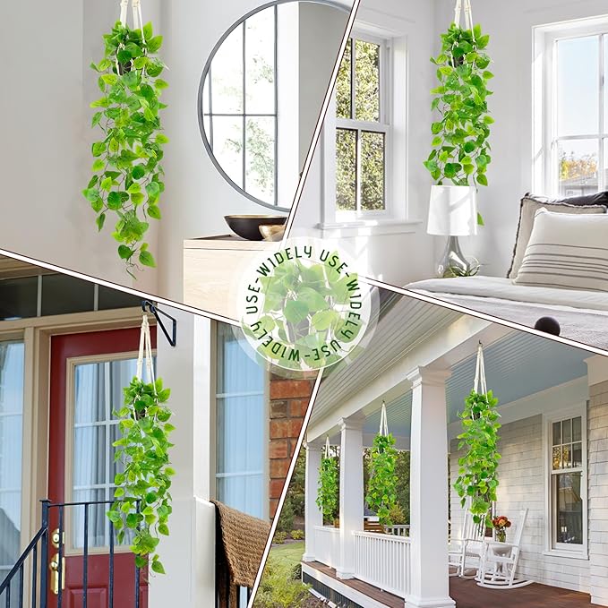 Fake Pothos in Rope - Hanging Pot, Artificial Pothos Plants for Home Decor Indoor Macrame Plant Hanger with Faux Vine Hanging Planter Greenery for Bedroom Bathroom Kitchen Office Decor