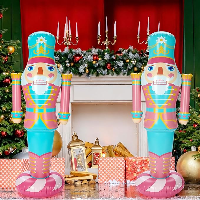 Jenaai 1 Pcs 5 ft Pink Inflatable Christmas Nutcracker Outdoor Decoration, PVC Christmas Blow up Yard Decor, Weatherproof Giant Nutcracker Decor for Xmas Door Lawn Garden Holiday Party (Bright)