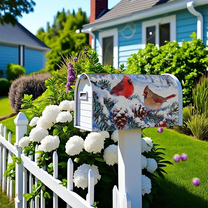 Winter Cardinal Mailbox Covers Magnetic Standard Size Christmas Snow Scene Pinecone Holly Twig Bird Holiday Outdoor Decorative Seasonal Letter Box Cases for Home Garden Outside Decor, 21x18 Inch