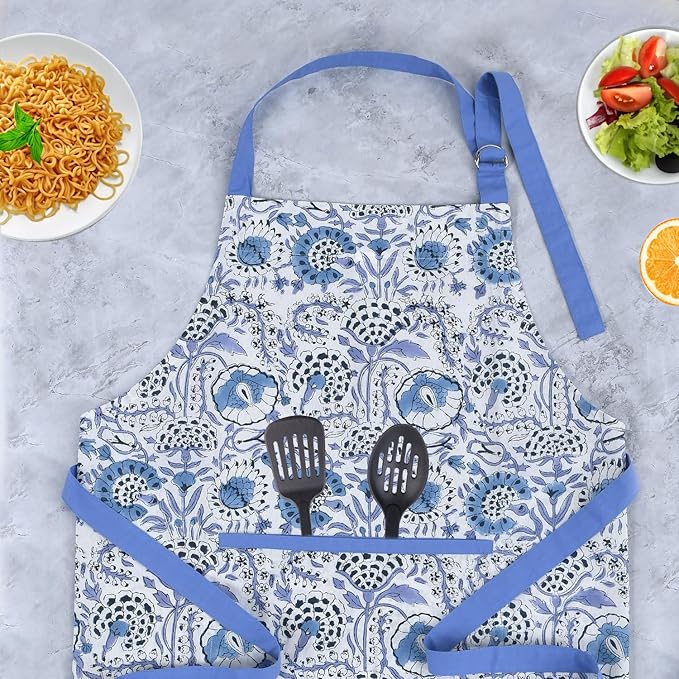 CPC Cotton Floral Kitchen Apron for women with Pocket and Adjustable Neck Ties. Apron for Women Men Chef-Hand Block Printed