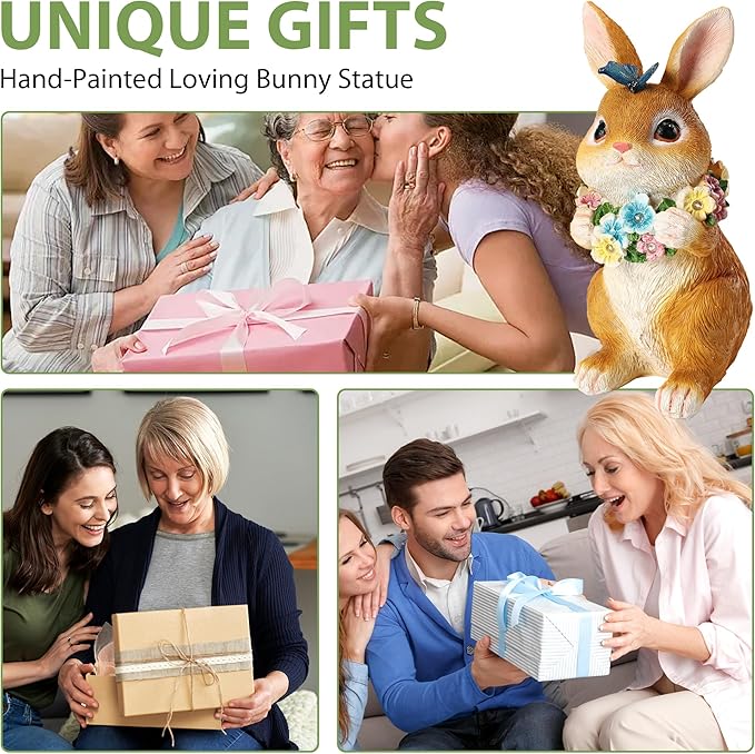 Solar Garden Statues Outdoor Decor, Rabbit Statue with Butterfly & Flowers, Yard Decoration with 6 LED Lights for Patio, Balcony, Backyard, and Lawn, Unique for Mom, Grandma