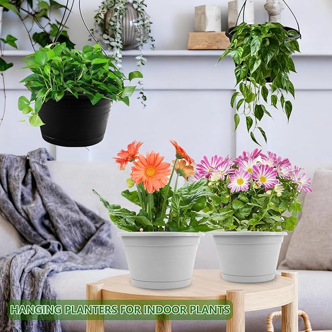 4 Pack Hanging Planters, 10 Inch Plant Pots with Hanger Chain & Drainage Trays, Hanging Baskets for Plants Outdoor Indoor, Flowers Pots for Home, Garden, Porch Decor (2 Grey + 2 Black)