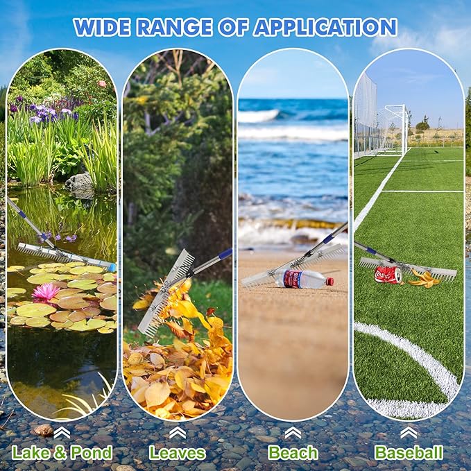 Landscape Rake, 94 Inch Adjustable Lightweight Pond Rake 36" Width Aluminum for Removing Weeds, Leaves, Beautifying Coastlines and Beaches