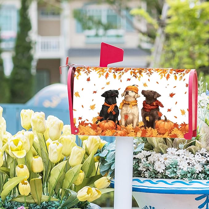 Fall Dog Mailbox Cover Magnetic Standard Size Autumn Themed Pumpkins Maple Leaves Puppy Print Mailbox Wrap Letter Post Cover 21x18Inch for Garden Yard Outside Outdoor Seasonal Decor
