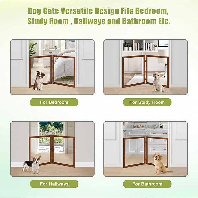 LZRS Clear Dog Gate for Indoor Use - Transparent Pet Fence with Solid Hardwood and Plastic Board, Stylish & Durable freestanding Pet Gate for Doorways, Stairs and Hallways-2 Panel Cherry