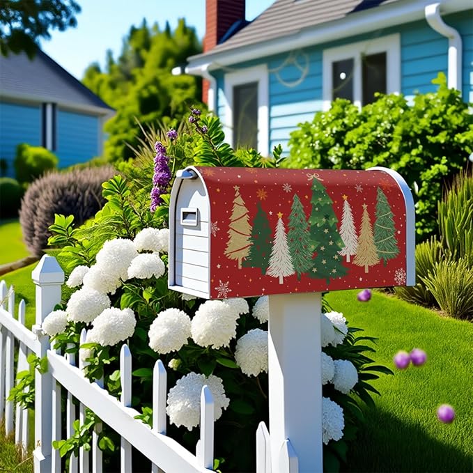 Christmas Large Mailbox Covers Magnetic Oversized Xmas Tree Print Red Winter Mailbox Wraps Holiday Themed Outdoor Decorative Letter Box Cases for Home Garden Outside Decor, 25.5x21 Inch
