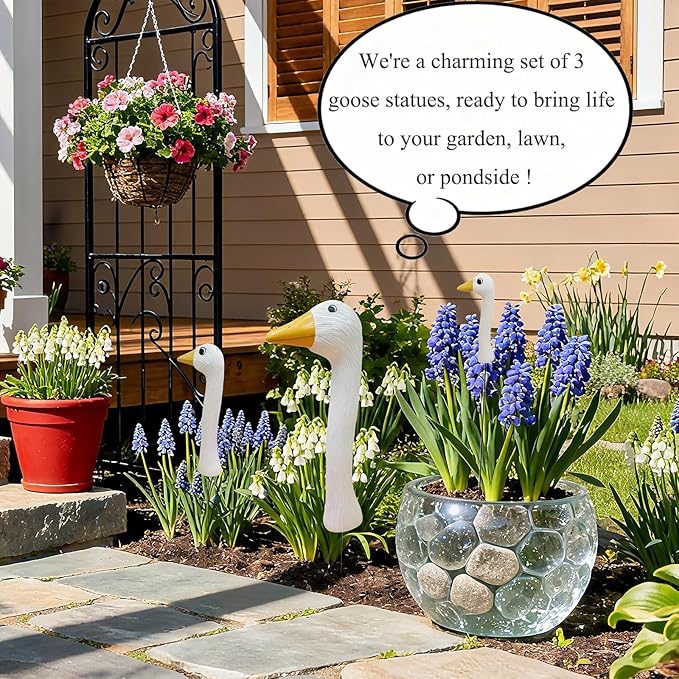 Mingzhang Garden Porch Goose Statues Decor 3PCS Goose Garden Stake Figurines for Outdoor Lawn Garden Yard Patio Decoration Housewarming Birthday Gifts for Women White