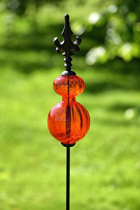 Zaer Ltd. Colored Blown Glass Garden Stake with Cast Iron Finial on Top (Pack of 2) (Bright Orange)