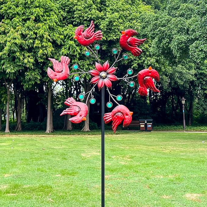 Cardinal Red Bird Wind Spinner Garden Decor, 48 Inch Metal Yard Spinner Sculpture for Patio Lawn & Outdoor Decorations