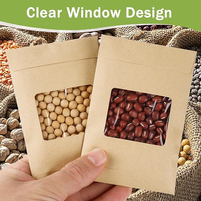 100 PCS Seed Packets Clear Envelopes, Self Sealing Kraft Bags 3.15”x 4.72”, Seed Storage Organizer Mini Envelopes with Preprinted Collecting Template for Flower Vegetable Seed Collection(A style)