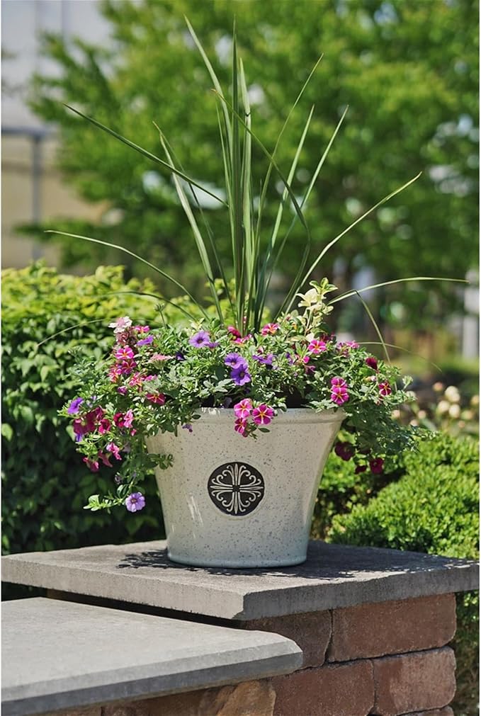 Garden Elements Round Plastic Logo Modern Planter, Beige, Large 14.75"