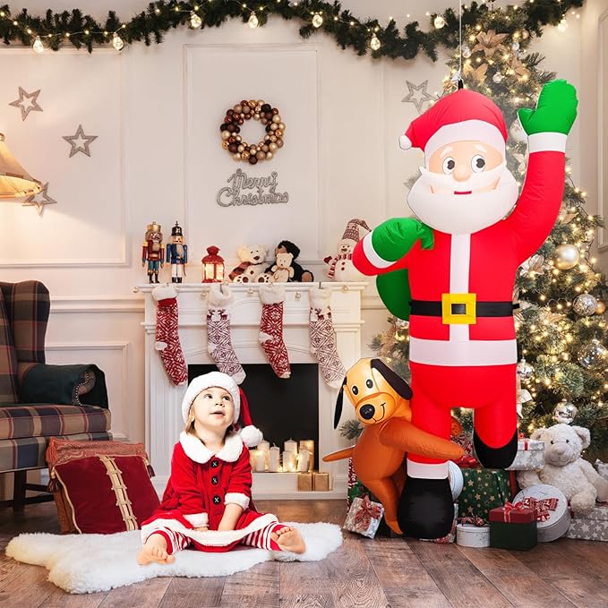 6 FT Christmas Inflatables Santa Claus Decoration with Gifts Bag,Hanging Blow Up Santa Decor with Built-in LED Lights,Outdoor Xmas Yard Decoration Holiday Party Supplies with Dog for Tree Roof Garden