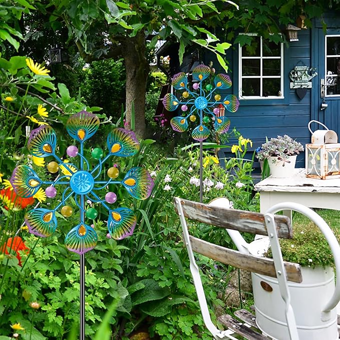 Metal Wind Spinner Outdoor, Kinetic Pinwheel Wind Sculpture with Stake, Small Garden Windmill for Patio Yard Lawn Art Decor (1pcs-Blue Green)