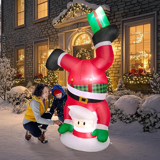 Christmas Inflatables Outdoor Decorations, 8 FT Handstand Santa Claus with 3 LED Lights Large Blow Up Yard Decor, Christmas Party Outdoor, Yard, Garden, Lawn Winter Decorations Ornaments