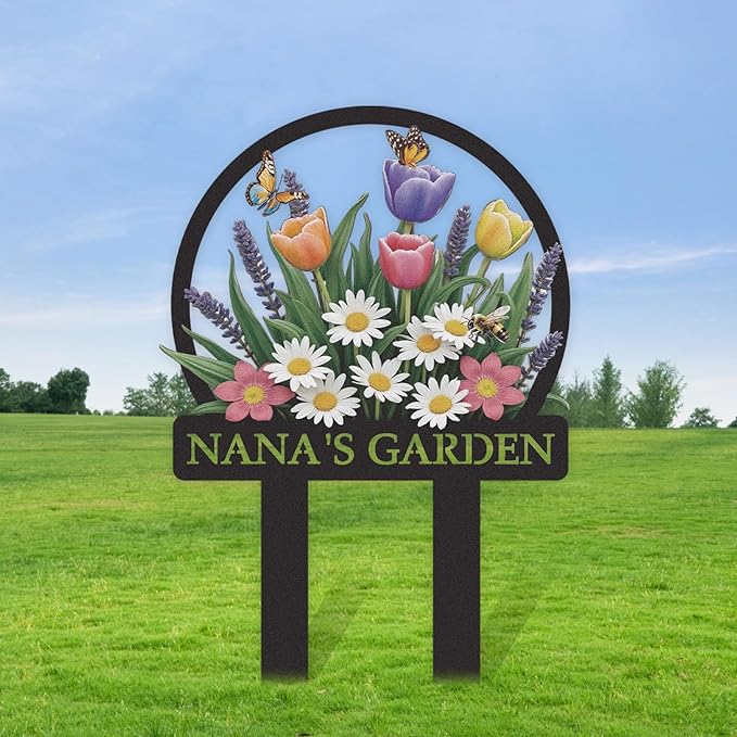 Personalized Garden Signs, Colorful Flowers Garden Decor for Outside, Decorative Yard Stakes, Metal Yard Art, Patio Decor, Custom Last Name Sign, Lawn Art, Gardening Gifts Color01