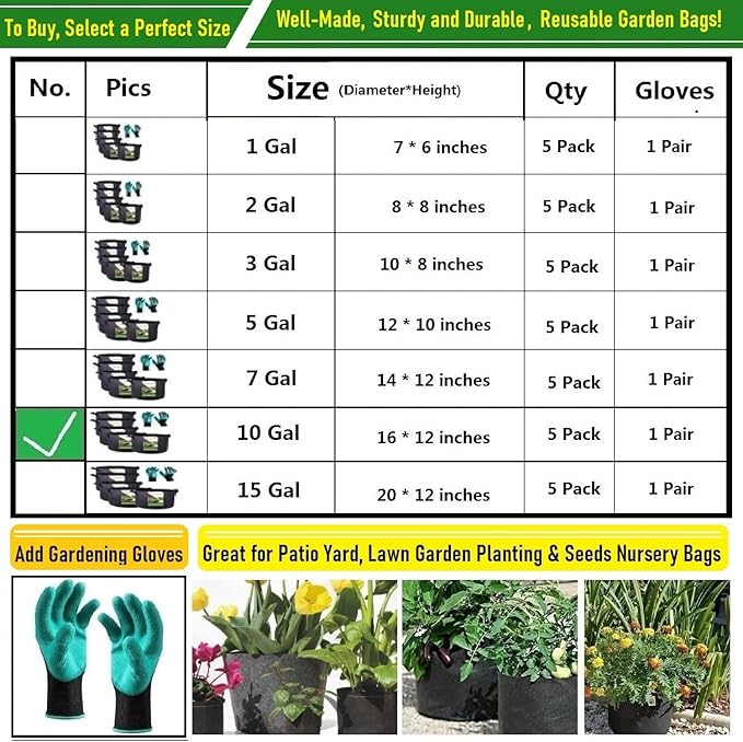 5-Pack 10 Gallon Thickened Plant Grow Bags (16x12 inch) Garden Bag Fabric Plant Pots for Tomato,Potato Planters,Herbs Veggies Planter Bag,Garden Pot,Flower Pot,Barrel Planter,Plant Container W/ Gloves