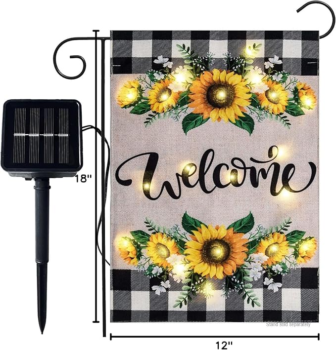 Welcome Summer Sunflower Garden Flag With Lights- Solar LED Burlap Welcome Sign Buffalo Plaid Mini Small Garden Yard Flags Banner 12x18 Double Sided for Outside Patio Lawn Outdoor Decoration Farmhouse