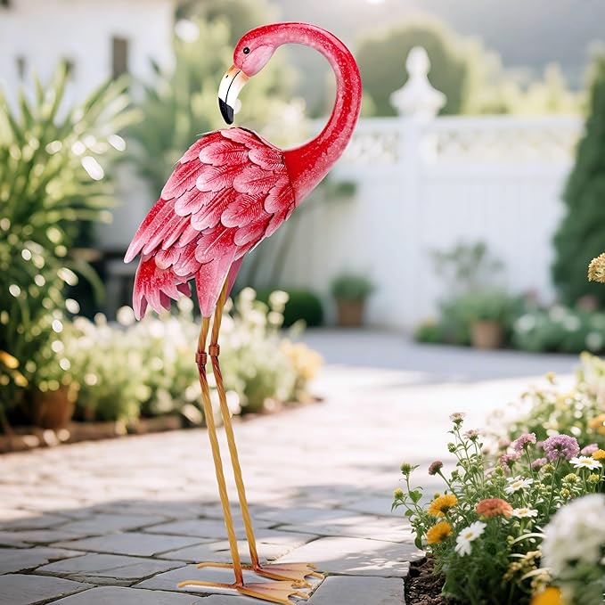 Shorayn Garden Statues Flamingo Sculptures Metal Yard Art, Pink Bird Art Outdoor Backyard Decor Patio Lawn Porch Ornament Flamingo Yard Decoration