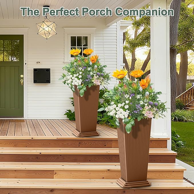 Set of 2 Large Planters for Outdoor Plants 24" Tall Tapered Modern Flower Pots with Drainage Tray for Garden, Patio, Porch (Brown Ribbed)