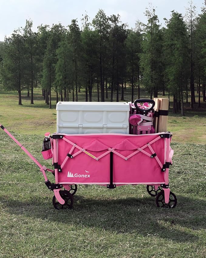 Gonex 38''L Collapsible Foldable Wagon Cart with 360lbs Weight Capacity, 220L Folding Utility Garden Cart with Detachable Wheels for Grocery Sports Shopping Camping - Pink